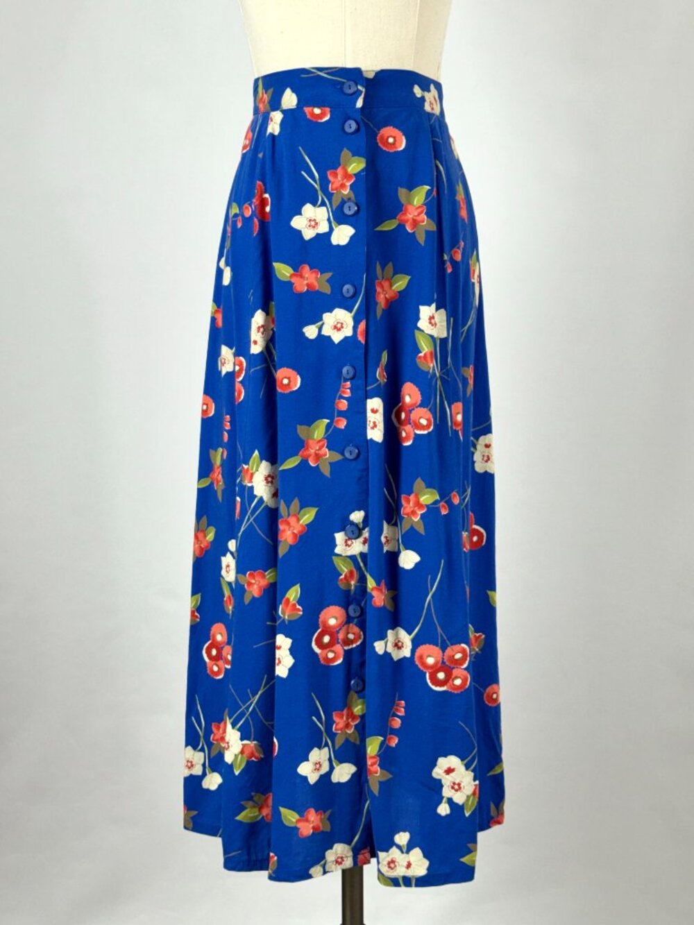 Vtg Blue & Red Floral Button Front Rayon Skirt Elastic Waist Patriotic Americana